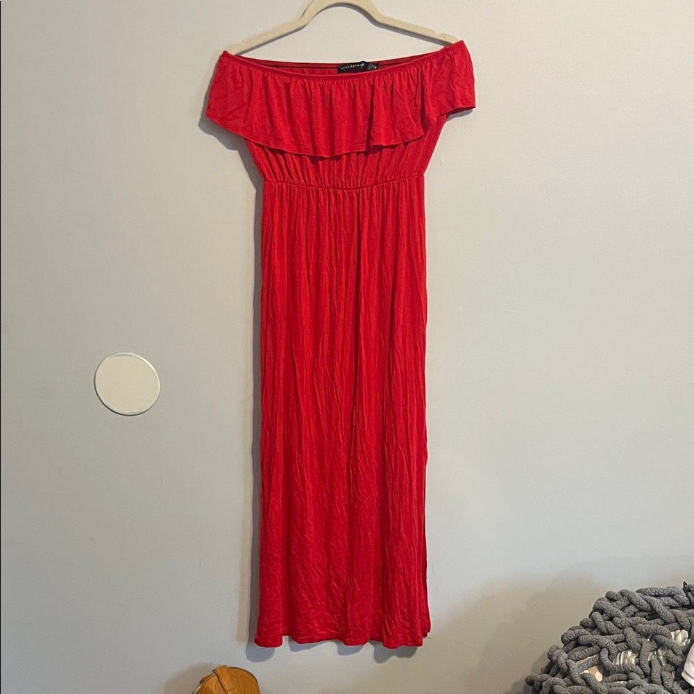 Red Strapless Maxi Dress with Ruffle Neckline